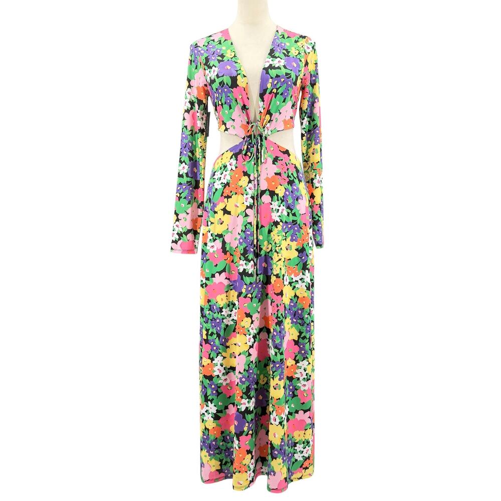 AFRM NEW Monique Neon Floral Cut Out V-neck Tie Front Long Sleeve Maxi Dress - Picture 3 of 12